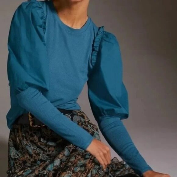 Anthropologie Sunday in Brooklyn Womens Puff Slv ruffle contrast teal top M - Picture 1 of 11